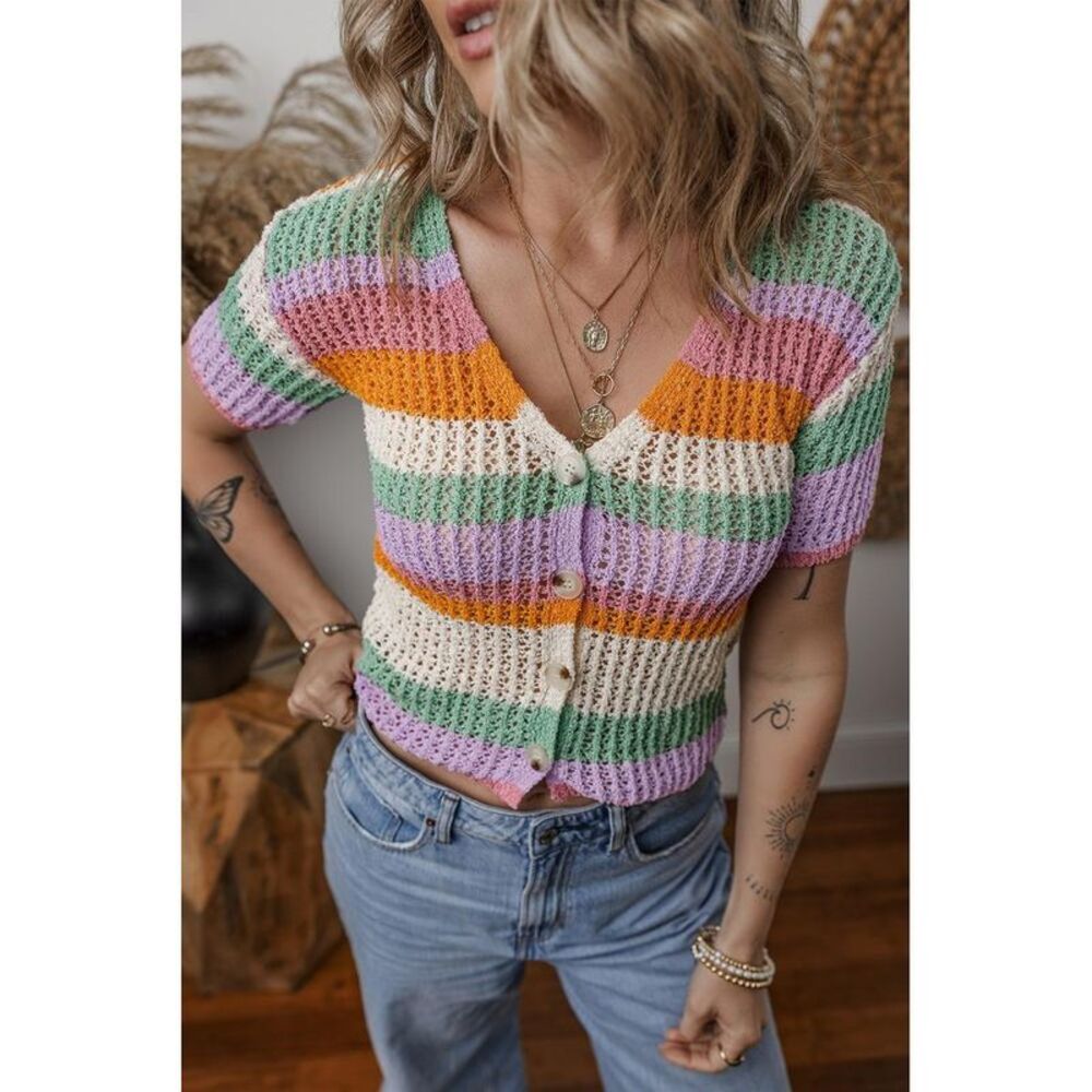 Everyday the Label Contrast Striped V Neck Short Sleeve Pointelle Knit Top Women - Picture 3 of 3